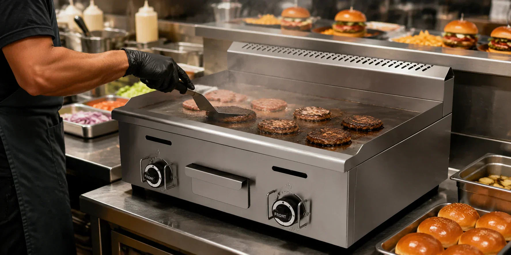 Gas and electric commercial griddles compared in a professional kitchen