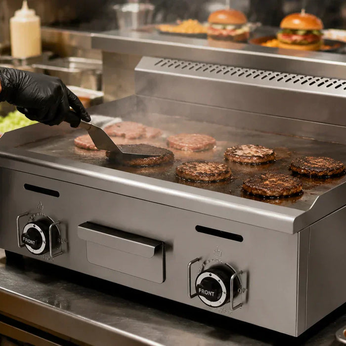Gas and electric commercial griddles compared in a professional kitchen
