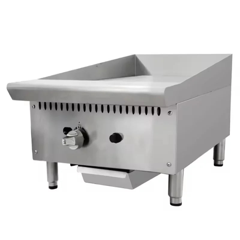 Commercial gas griddles — flat and grooved plate configurations, LPG and natural gas compatible, stainless steel