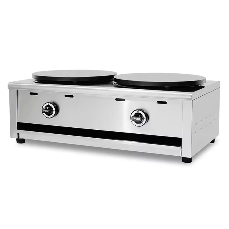 Commercial gas crepe makers — LPG single and dual plate, cast iron and non-stick, food truck and outdoor market use