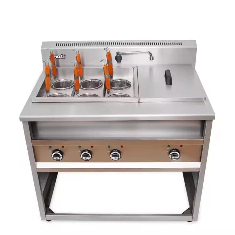 Commercial pasta cooker — 6-basket boiling station with optional bain marie section