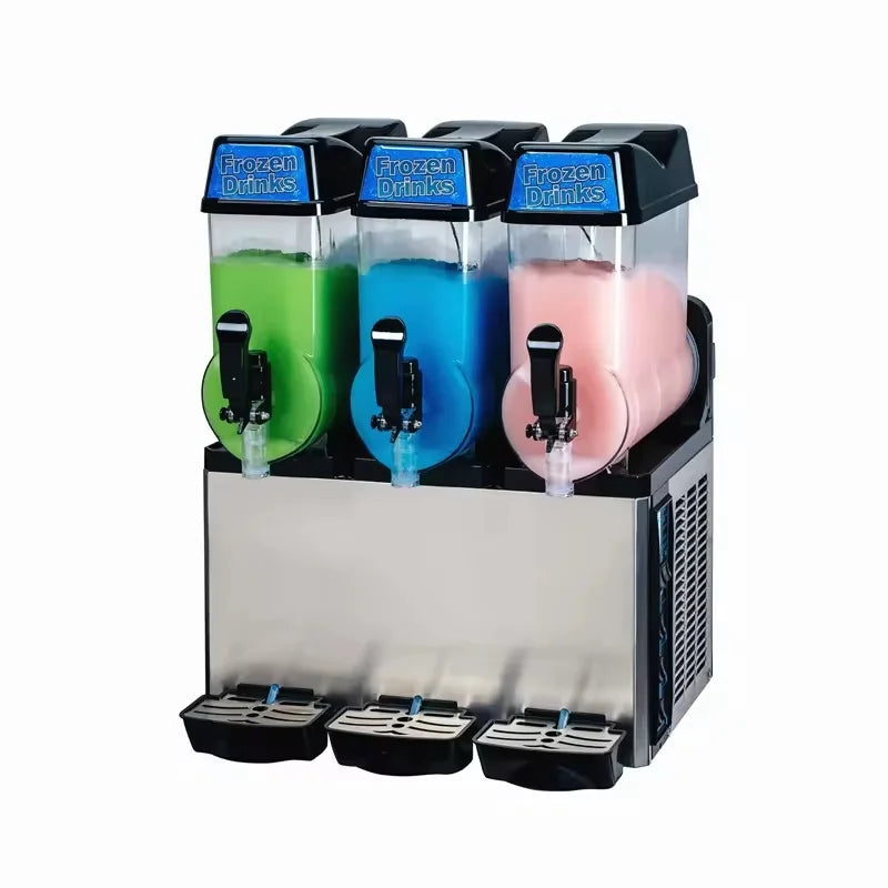 Commercial slush machines — single, dual and triple tank, stainless steel, CE and RoHS certified, for café and entertainment venue use