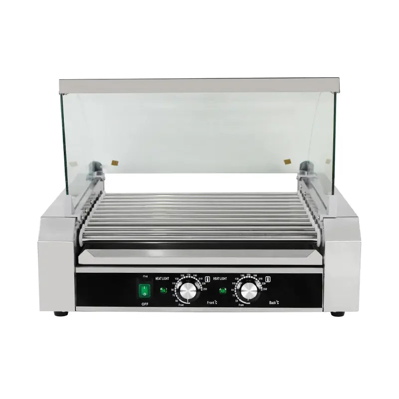 Commercial electric hot dog rollers — 5 to 14 rollers, dual voltage, CE and ETL certified, stainless steel