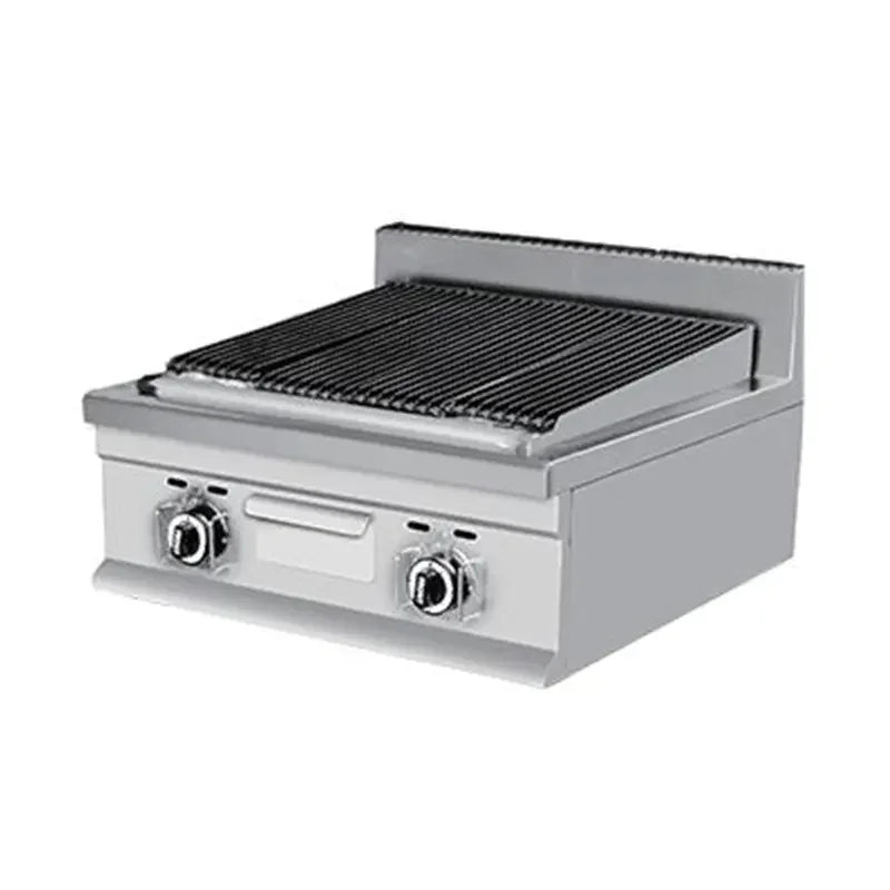 Commercial lava rock contact grills — countertop and floor-standing models, gas-fired, stainless steel grate