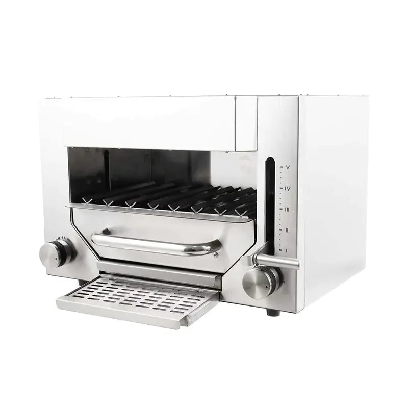 Commercial gas steak contact grill — overhead radiant heat, salamander-style, stainless steel grate