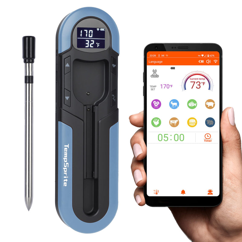 *TempSprite Wireless Smart Meat Thermometer with APP, 500FT Bluetooth, LCD-Enhanced Booster for Turkey Beef Rotisserie BBQ Grill Oven Smoker