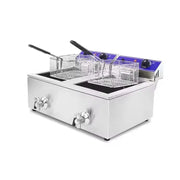 DZL-20L dual-tank commercial electric deep fryer with raised baskets, blue control panels, and oil drain valves