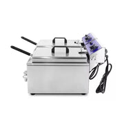 DZL-20L dual-tank electric deep fryer side view with lids, blue control panels, and power cords