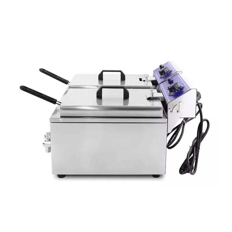 DZL-20L dual-tank electric deep fryer side view with lids, blue control panels, and power cords