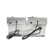 DZL-20L dual-tank electric deep fryer rear view with power cords and plugs