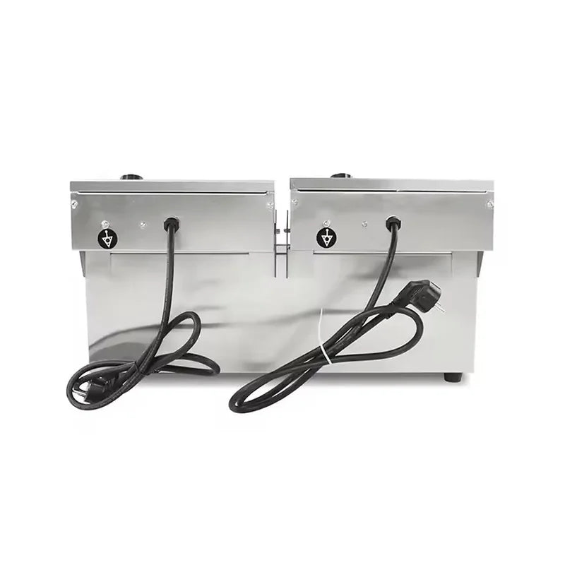 DZL-20L dual-tank electric deep fryer rear view with power cords and plugs