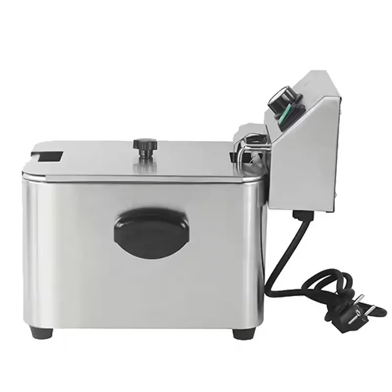 DZL-4L 4L countertop electric deep fryer side view with power cord and plug, stainless steel