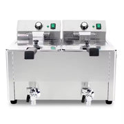 DZL-8L-2 dual-tank commercial electric fryer front view with control panels and oil drain valves