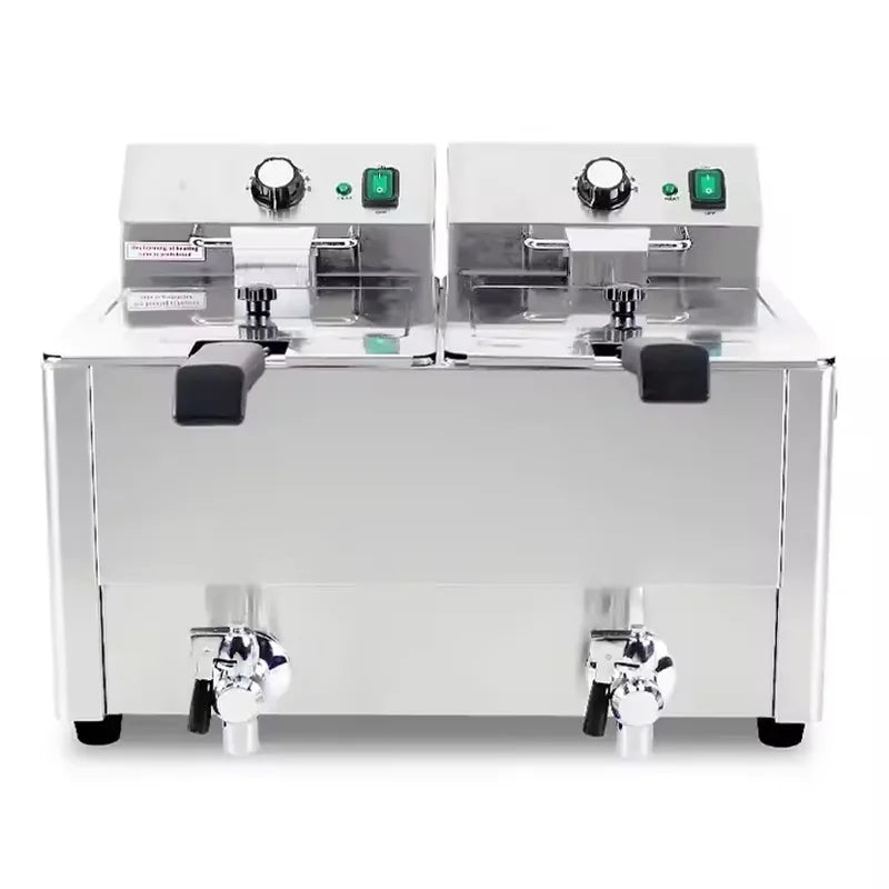 DZL-8L-2 dual-tank commercial electric fryer front view with control panels and oil drain valves