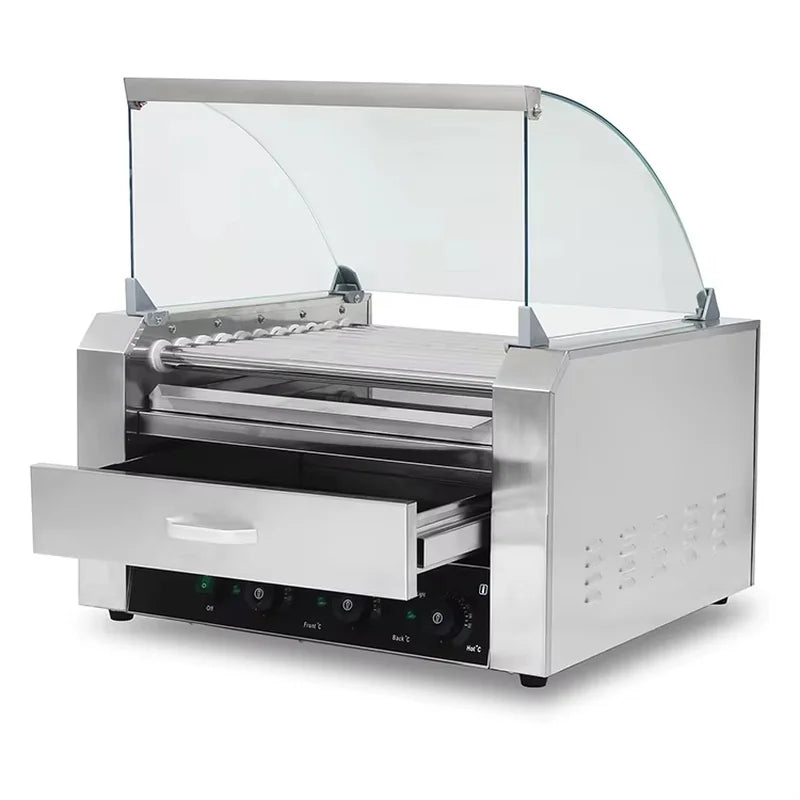 CZ-11W eleven-roller hot dog roller grill with bun warmer drawer, stainless steel