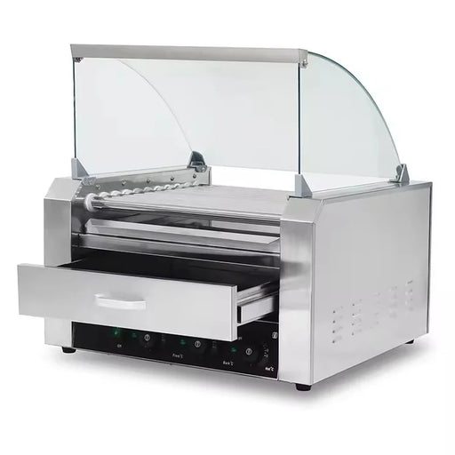CZ-11W eleven-roller hot dog roller grill with bun warmer drawer, stainless steel