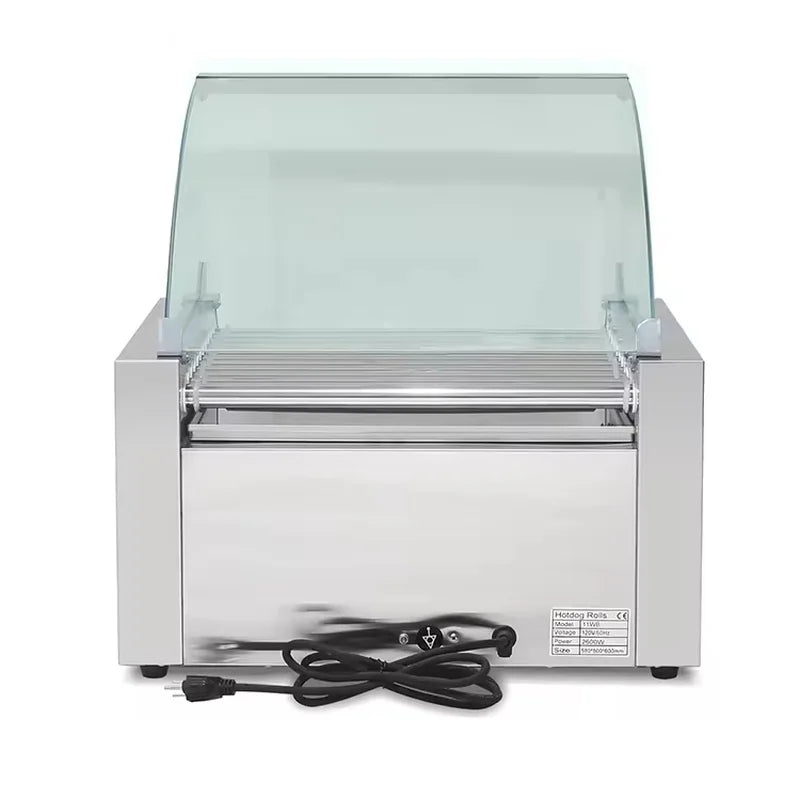 CZ-11W eleven-roller hot dog roller grill with bun warmer drawer, stainless steel