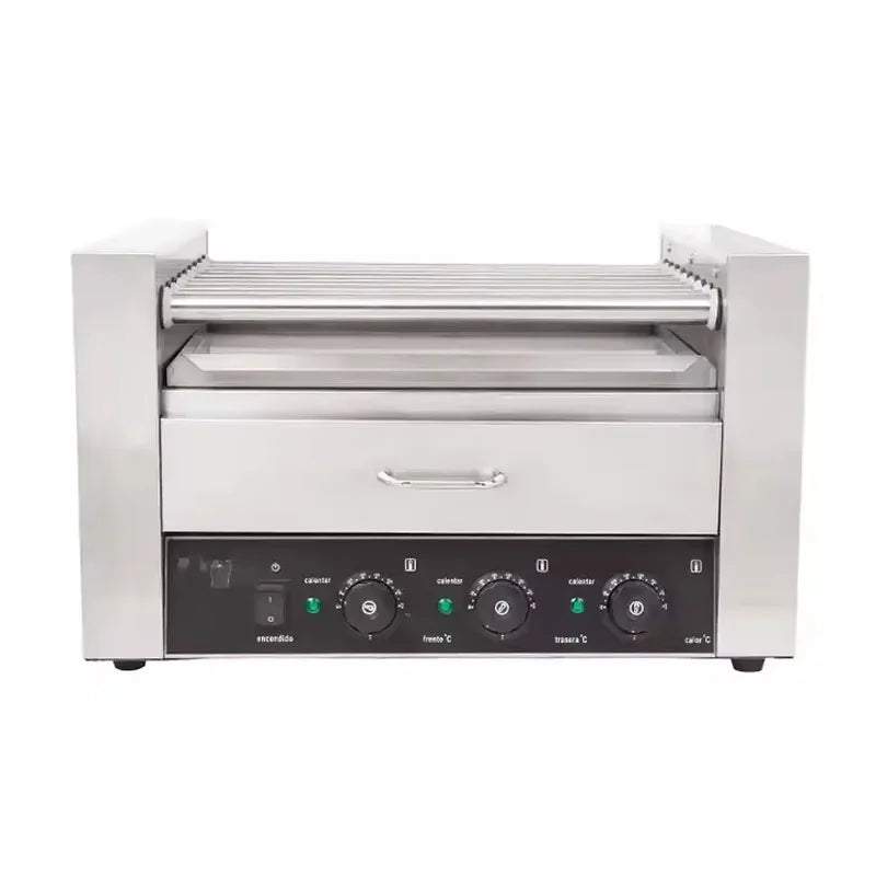 CZ-9W nine-roller hot dog roller grill with warmer drawer, stainless steel