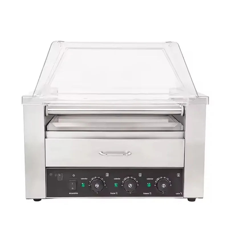 CZ-9W nine-roller hot dog roller grill with warmer drawer, stainless steel