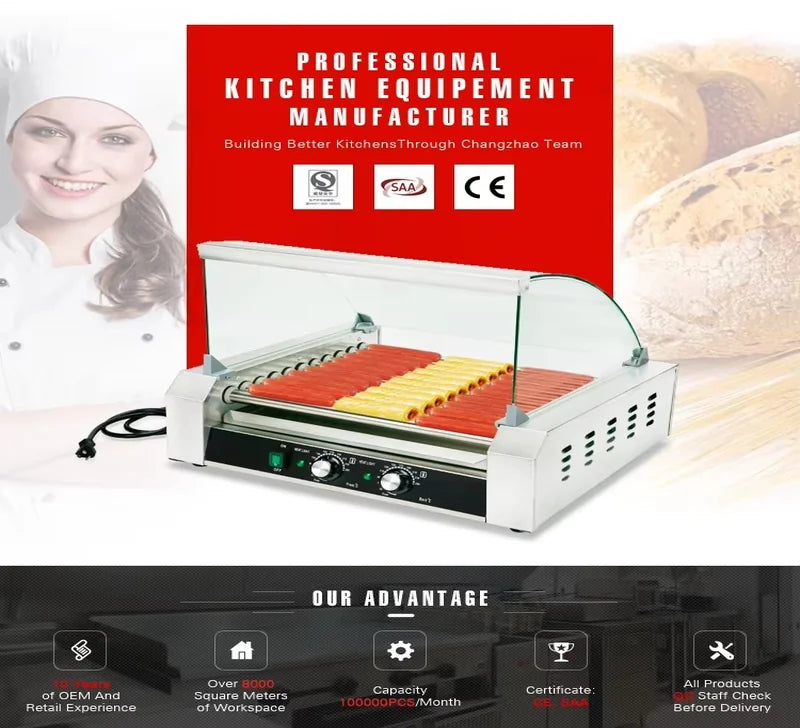 CZ-9 nine-roller hot dog roller grill with timer, stainless steel