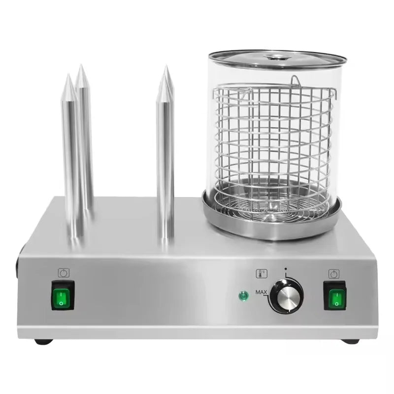 HDW-4 electric hot dog steamer with glass container and bun sticks, stainless steel
