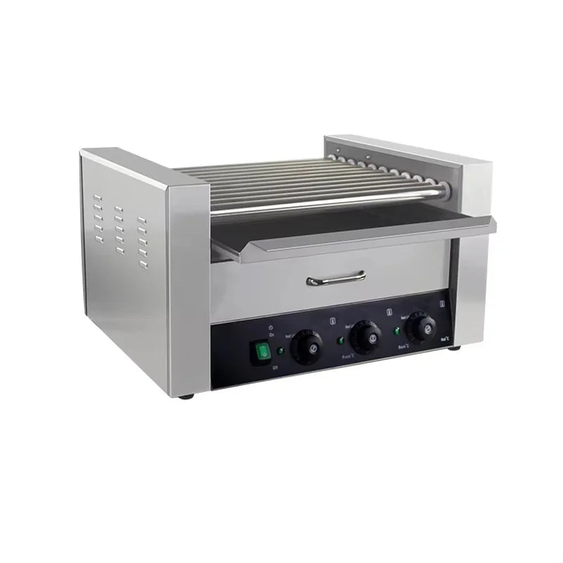 KG-11W eleven-roller hot dog roller grill with warmer drawer, stainless steel