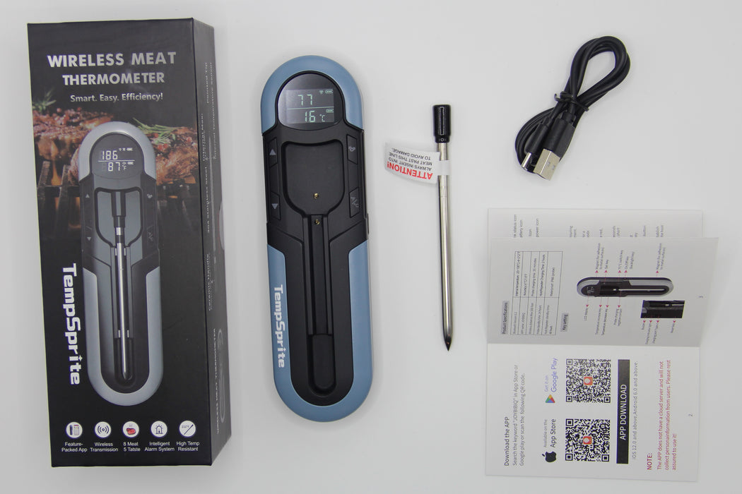 *TempSprite Wireless Smart Meat Thermometer with APP, 500FT Bluetooth, LCD-Enhanced Booster for Turkey Beef Rotisserie BBQ Grill Oven Smoker