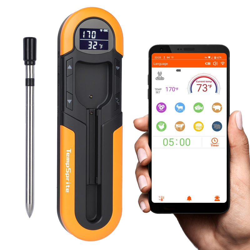*TempSprite Wireless Smart Meat Thermometer with APP, 500FT Bluetooth, LCD-Enhanced Booster for Turkey Beef Rotisserie BBQ Grill Oven Smoker