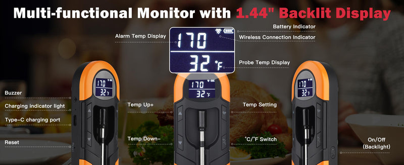 *TempSprite Wireless Smart Meat Thermometer with APP, 500FT Bluetooth, LCD-Enhanced Booster for Turkey Beef Rotisserie BBQ Grill Oven Smoker