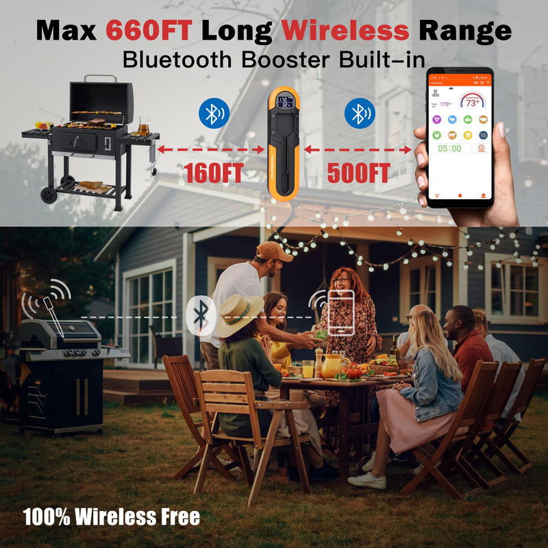 *TempSprite Wireless Smart Meat Thermometer with APP, 500FT Bluetooth, LCD-Enhanced Booster for Turkey Beef Rotisserie BBQ Grill Oven Smoker