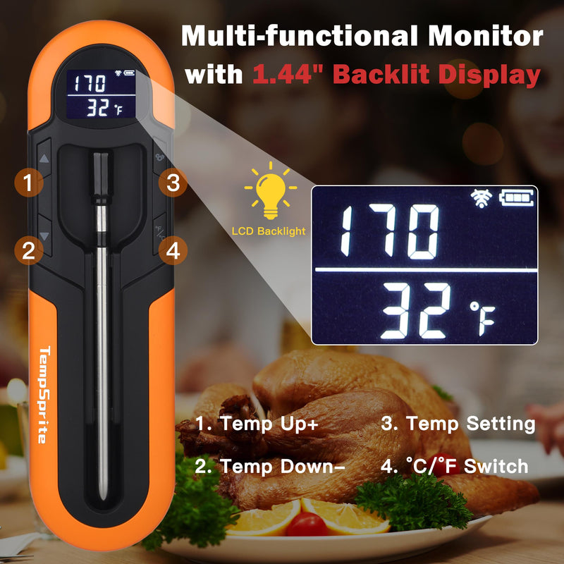 *TempSprite Wireless Smart Meat Thermometer with APP, 500FT Bluetooth, LCD-Enhanced Booster for Turkey Beef Rotisserie BBQ Grill Oven Smoker