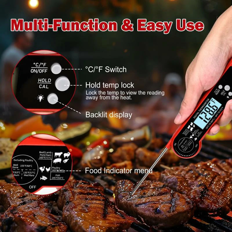 Instant Read Meat Thermometer with LCD Backlight, Waterproof Candy Thermometer and Food Thermometer for Cooking, Foldable Probe Meat Thermometer Digital for Grilling Baking Frying