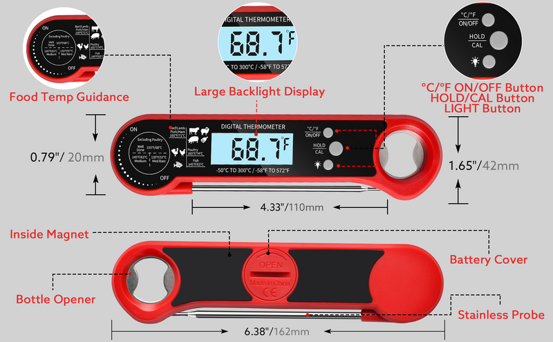 *TempSprite Instant Read Meat Thermometer Digital, ipx6 Candy Milk Coffee Food Cooking Thermometer with Backlight, Calibration, and Foldable Probe for Grilling