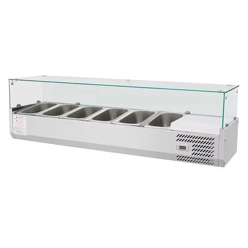 RT-1500-2 refrigerated salad showcase with 1/3 GN pans, chilled topping rail