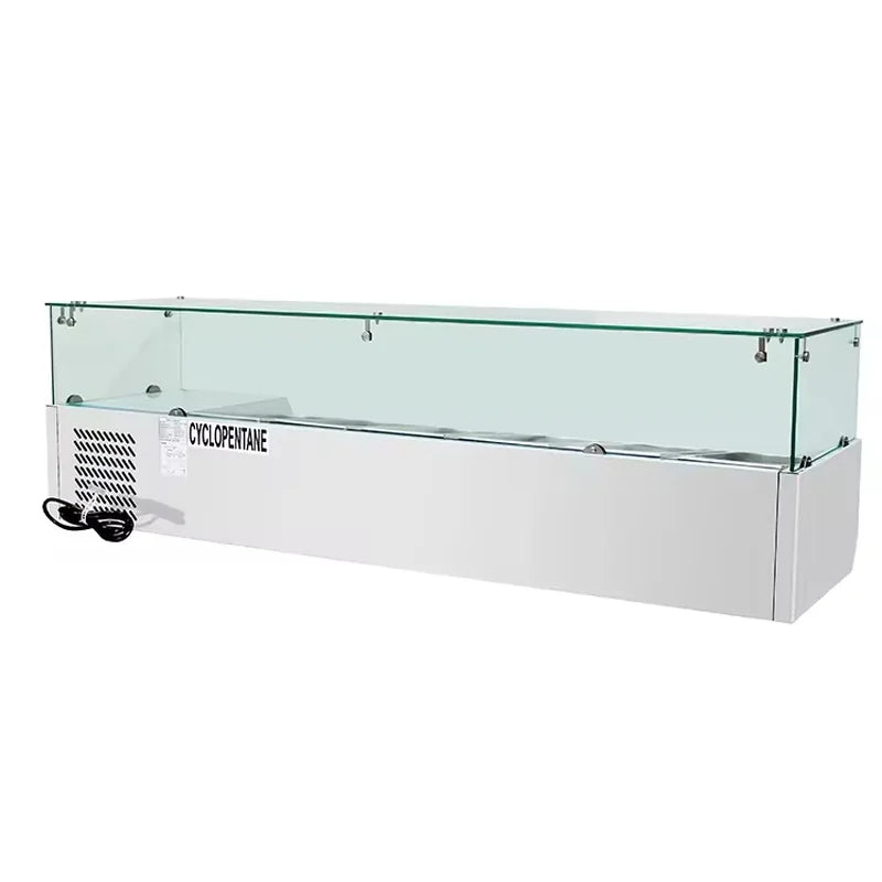 RT-1500-2 refrigerated salad showcase with 1/3 GN pans, chilled topping rail