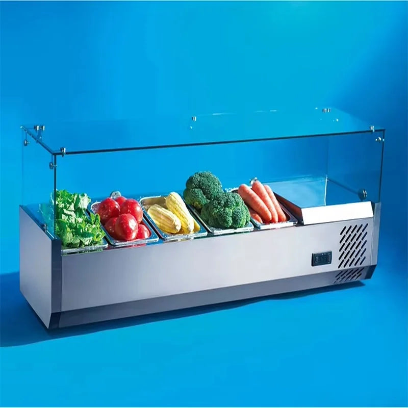 SS-1800L refrigerated salad showcase with 1/4 GN pans, chilled topping rail