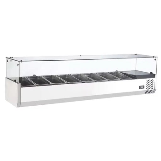 SS-1800L refrigerated salad showcase with 1/4 GN pans, chilled topping rail