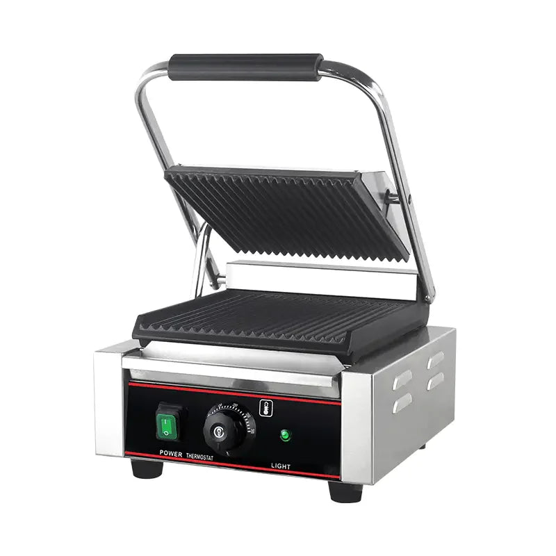 CHZ-810 electric contact grill with ribbed non-stick cast-iron plates