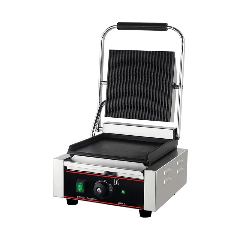 CHZ-810A single-plate electric contact grill with ribbed top and flat bottom plates
