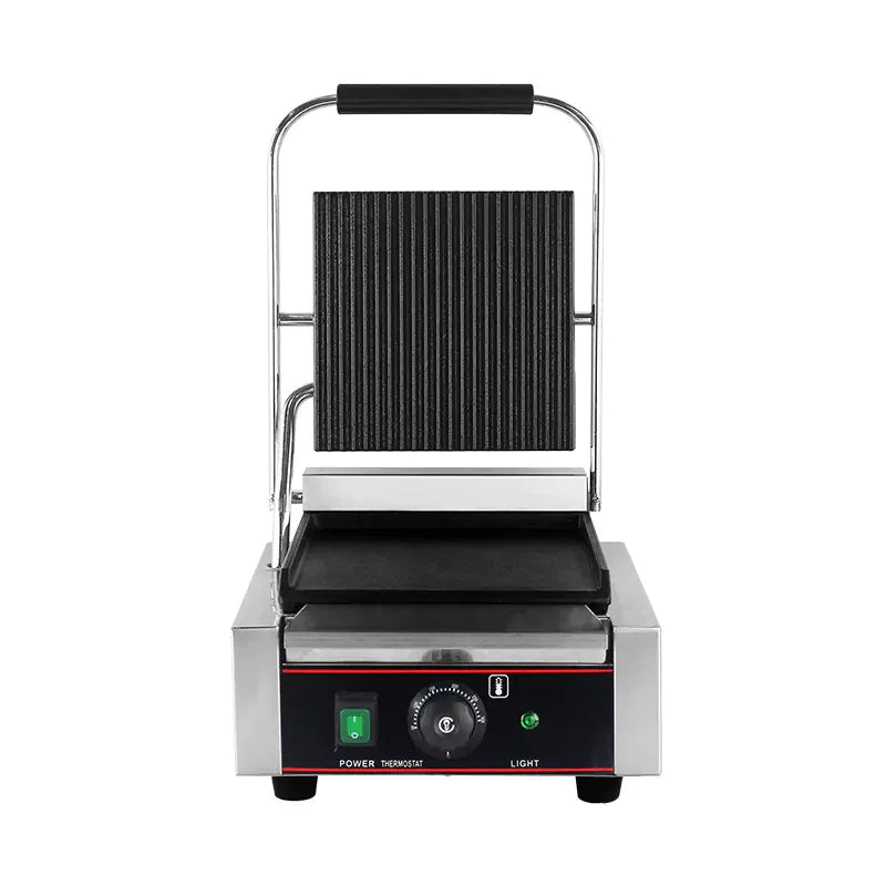 CHZ-810A single-plate electric contact grill with ribbed top and flat bottom plates