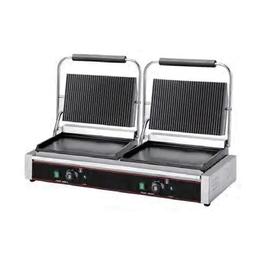 CHZ-820-2A wide double-plate electric contact grill with ribbed top and flat bottom plates