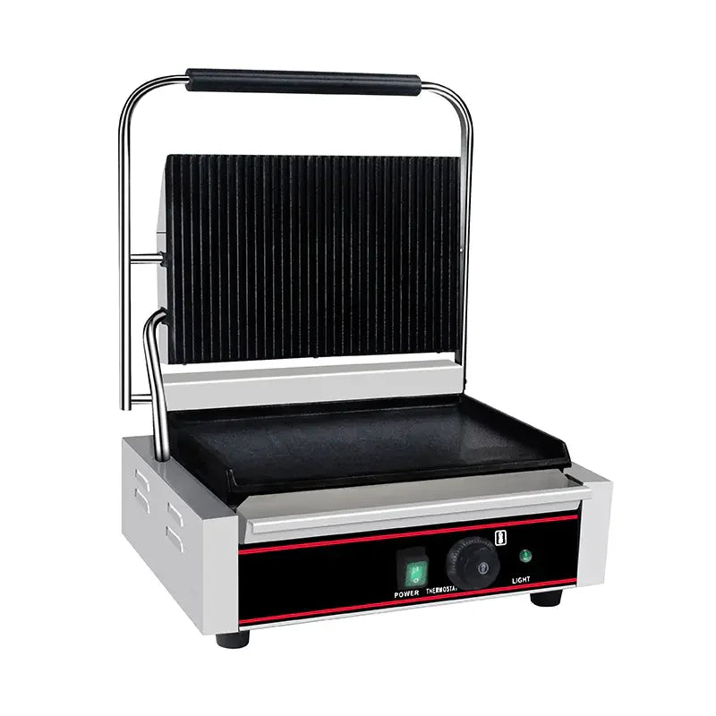 CHZ-820A single-plate electric contact grill with ribbed top and flat bottom plates