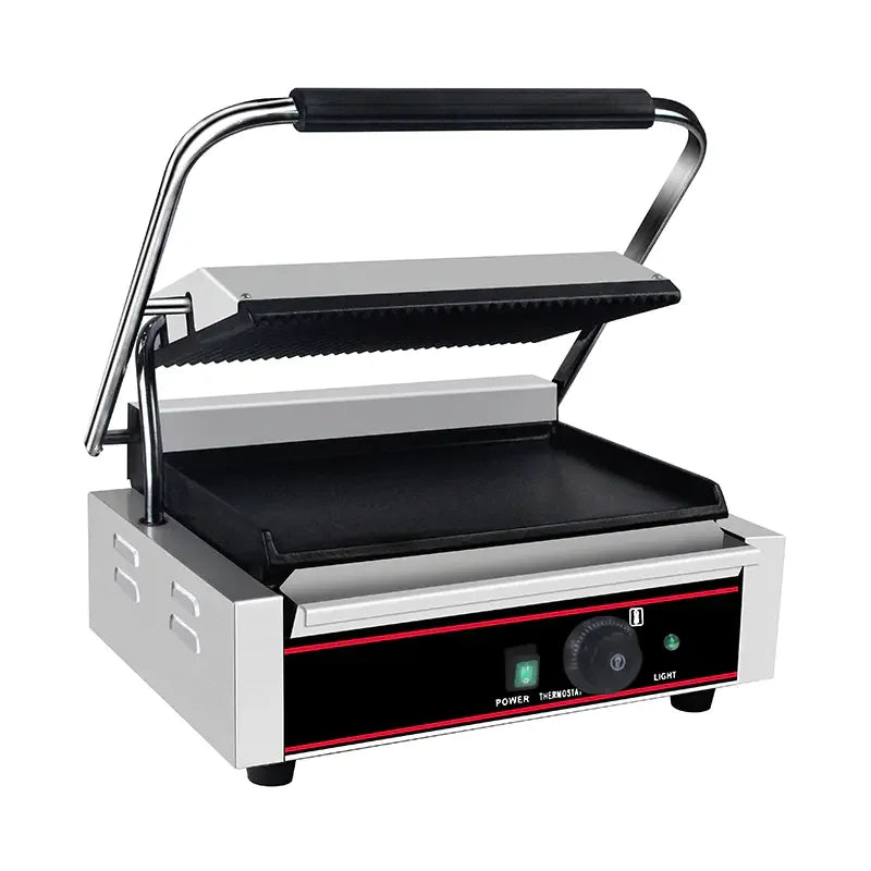CHZ-820A single-plate electric contact grill with ribbed top and flat bottom plates