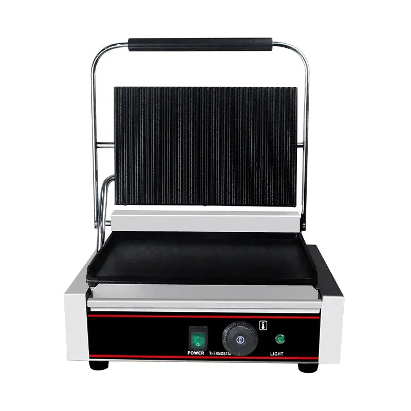 CHZ-820A single-plate electric contact grill with ribbed top and flat bottom plates