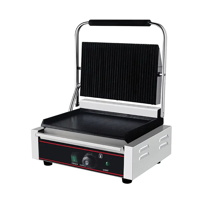 CHZ-820A single-plate electric contact grill with ribbed top and flat bottom plates