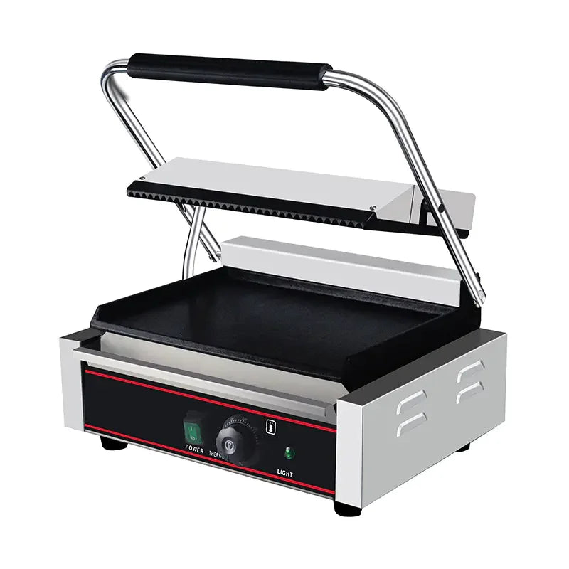 CHZ-820A single-plate electric contact grill with ribbed top and flat bottom plates