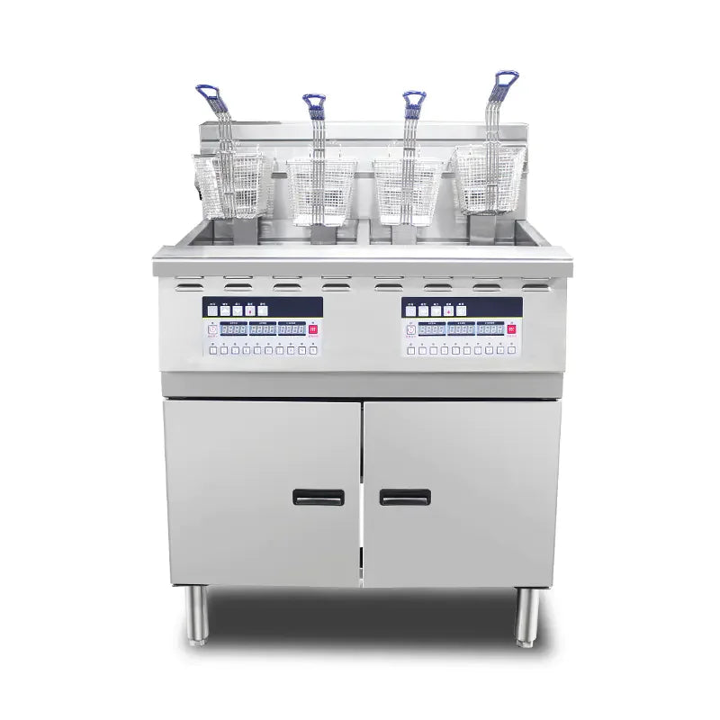 DZL-14E-2 twin-tank floor-standing electric deep fryer, 28L×2, stainless steel