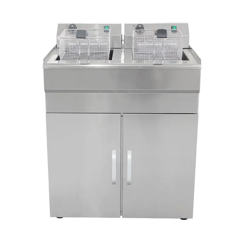DZL-32VC floor-standing double-tank electric deep fryer with cabinet, stainless steel