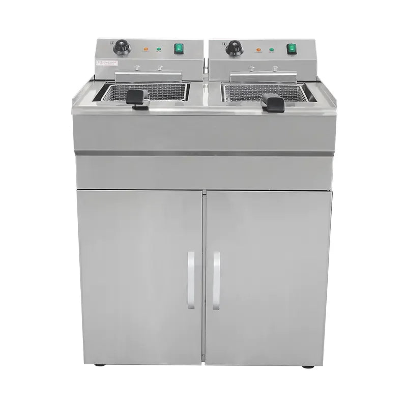 DZL-32VC floor-standing double-tank electric deep fryer with cabinet, stainless steel
