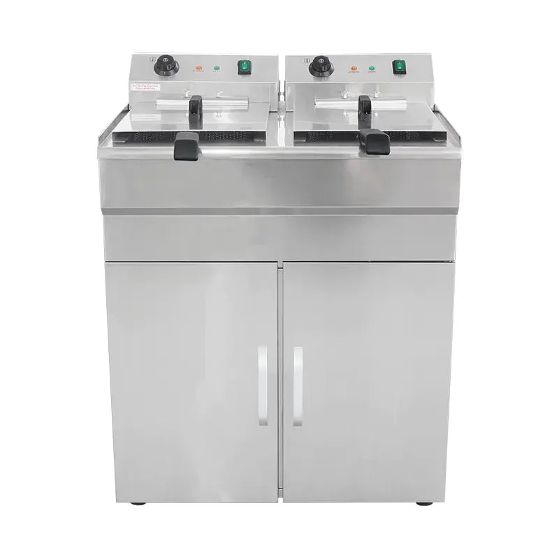 DZL-32VC floor-standing double-tank electric deep fryer with cabinet, stainless steel